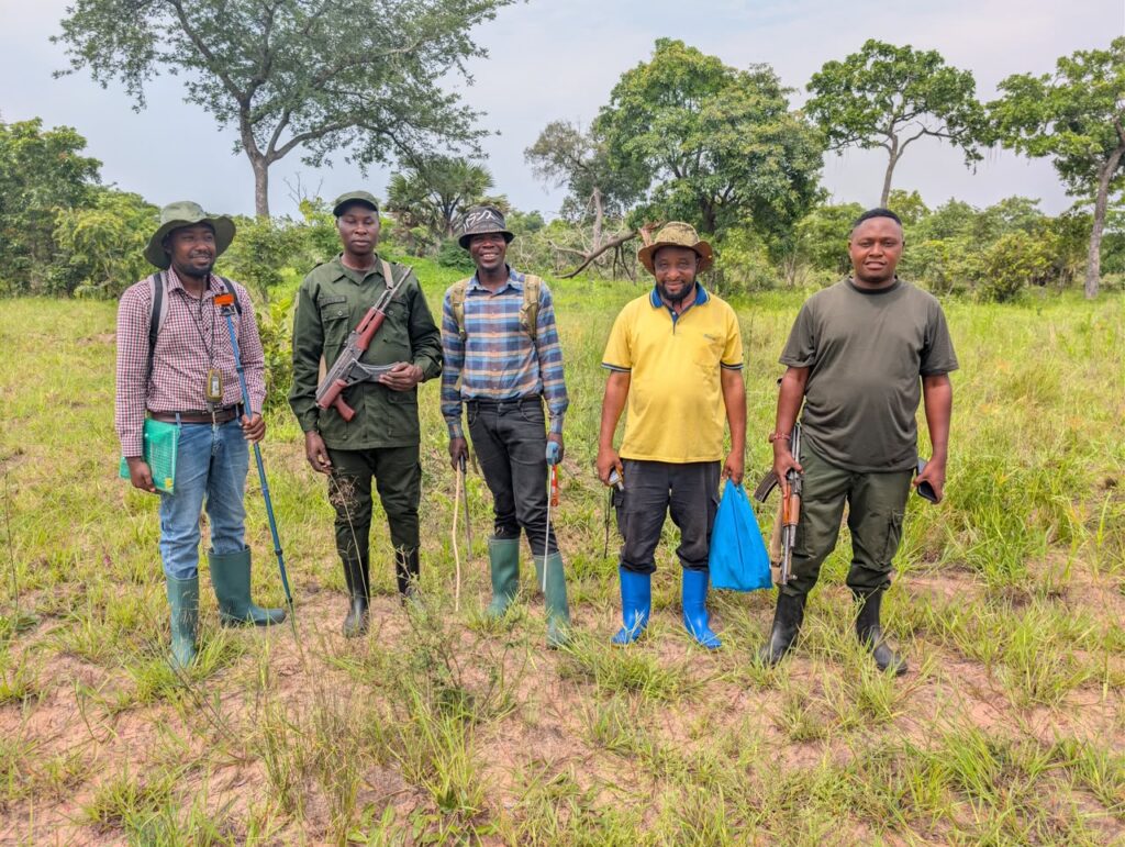 Wahifadhi field technician measuring tree diameter at breast height in a miombo woodland plot, Tabora Region, Tanzania